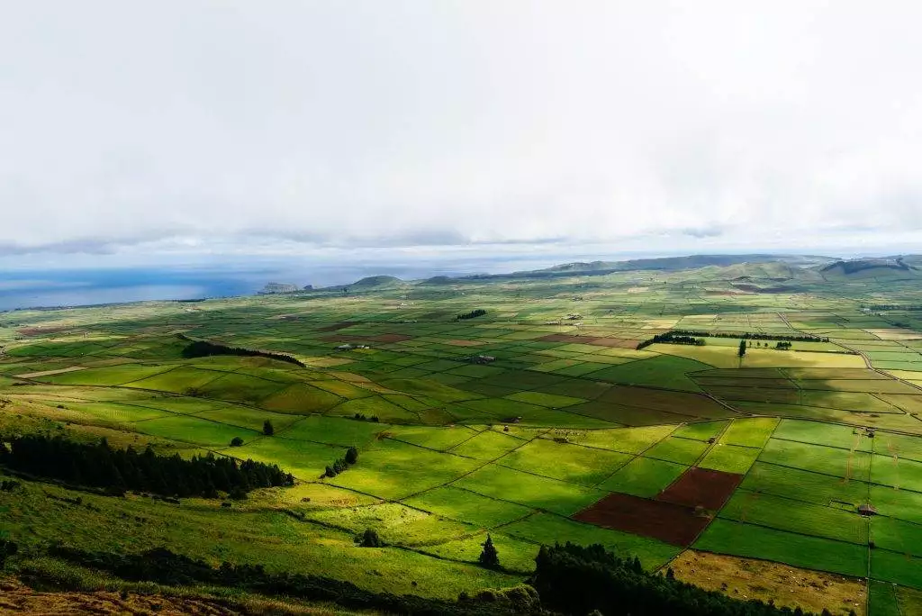Panoramic aerial view of traditional rural farmland in Terceira Island