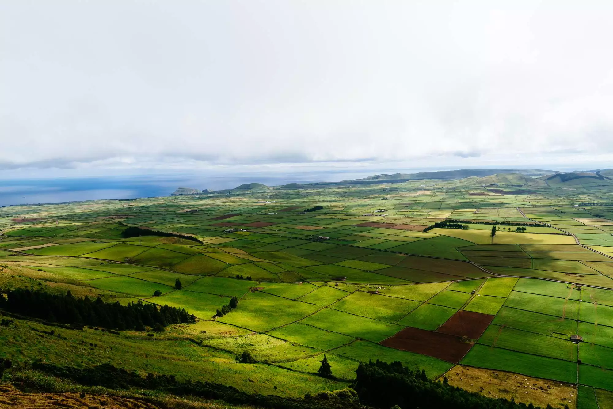 Panoramic aerial view of traditional rural farmland in Terceira Island